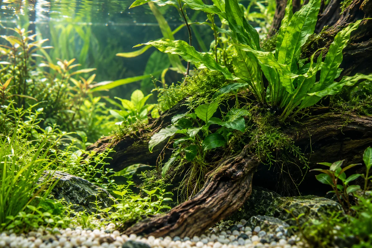 Illustratief detail van aquariumplanten en hout in helder water